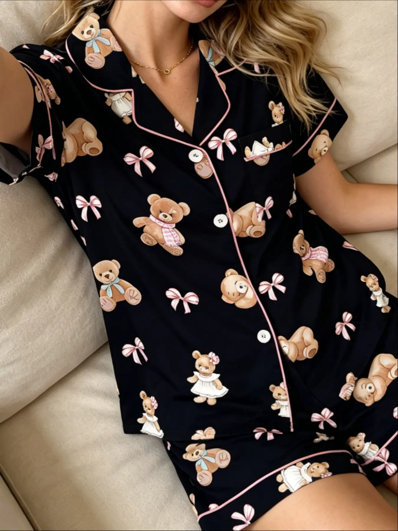 Dark Coquette Edgy Cute Girly Goth Women's Pajamas Set 2026 New Summer Black Pink Teddy Bear Print Pink Bow Tie Contrast Piping Short Sleeve Lapel Button Front Shorts Lightweight Breathable Soft Skin-Friendly Cute Casual Daily Sleepwear for Women