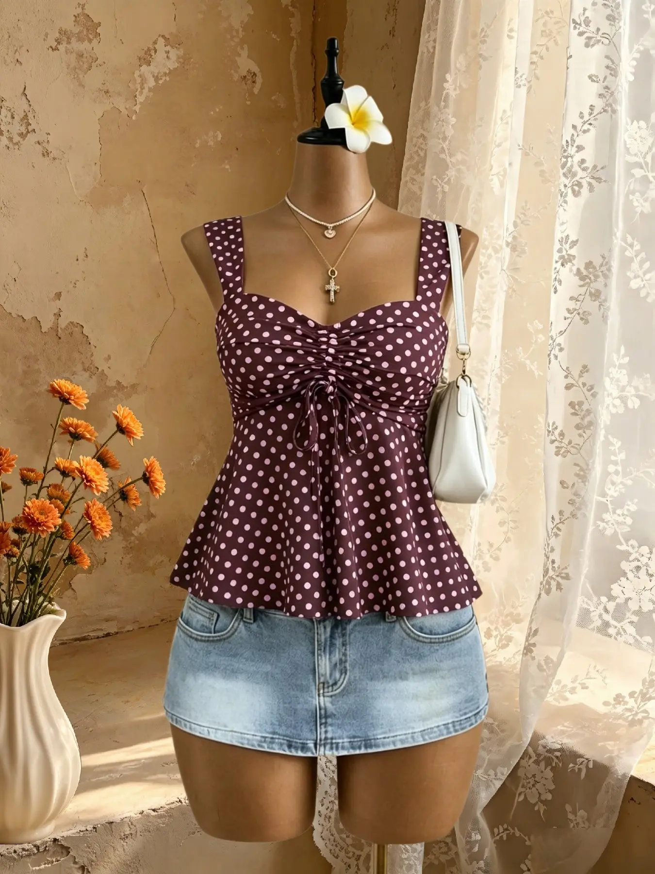 Summer Casual Solid Color Drawstring Adjustable Halter Top for Women, Hollow Out A-Line Hem Tie Back Vest, Youthful Beach Style Single Piece Dress