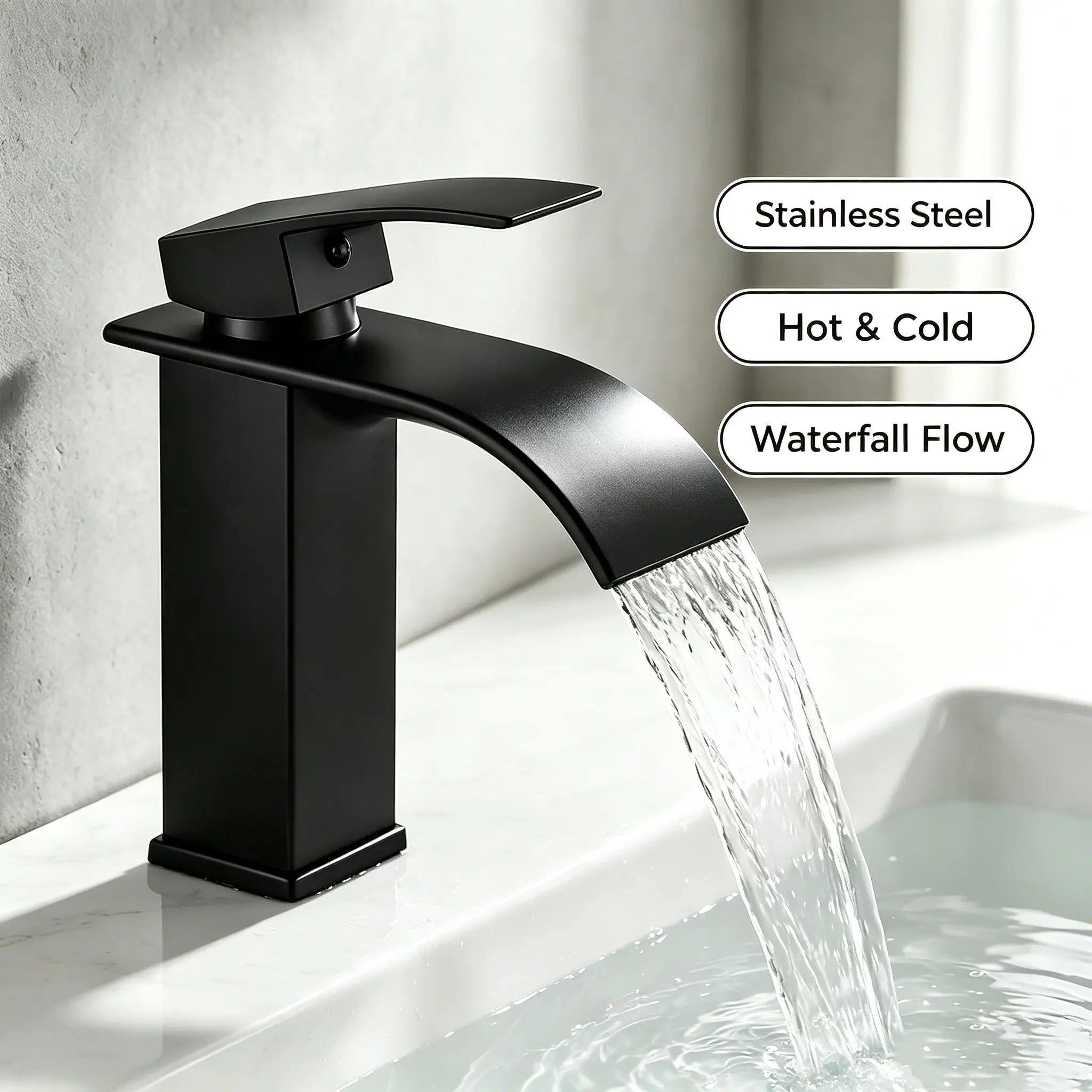 Modern Matte/glossy Waterfall Bathroom Faucet, Faucets For Bathroom Sinks, Single Handle Design, Fits One-Third Size Holes, Cold Hot Inlet Hose, G 1/2” Interface