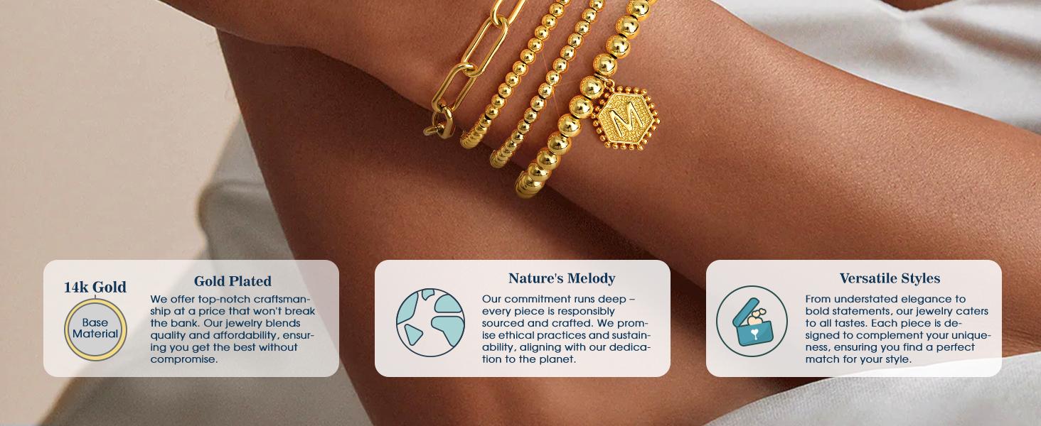 doubgood Gold Bracelets for Women, 14K Gold Plated Stackable Initial Beaded Bracelet with Letter Pendant Waterproof Stretch Trendy Stack Jewelry Set Gifts for Mom Mother's Day