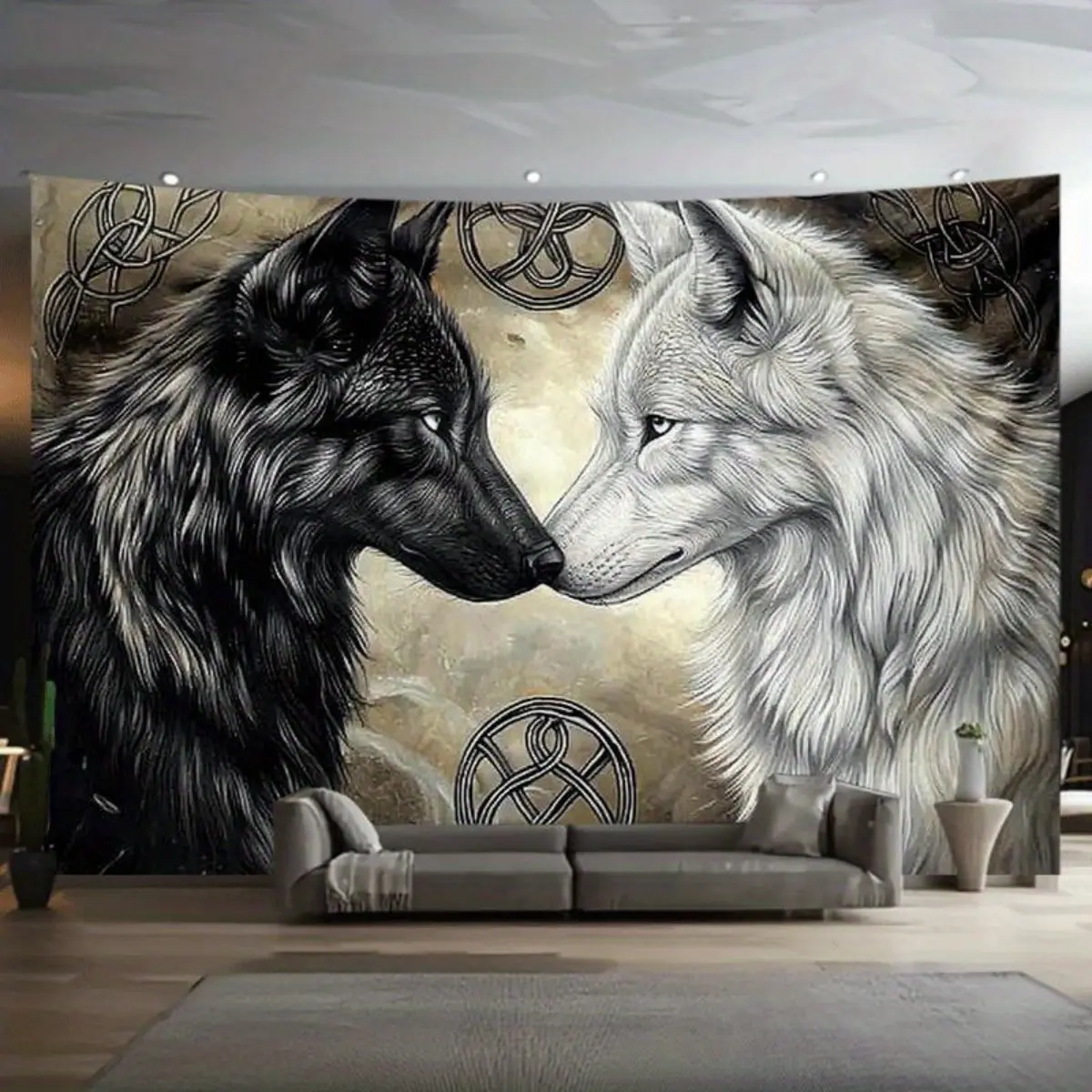 Black & White Wolf Confrontation Tapestry - Celtic Knot & Norse Mythology Wall Hanging, Soft Viking Wolf Art for Bedroom, Dorm, Party Decor