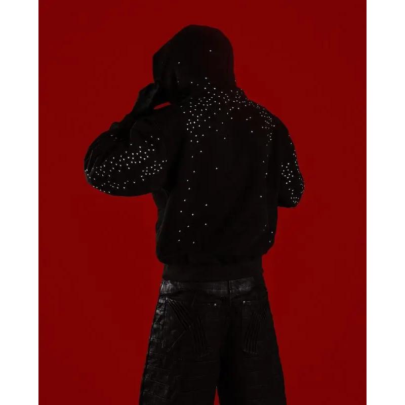 2026 Autumn Winter Starry Heavy Rhinestone Padded Shoulder Hooded Loose Jacket Tops Long Sleeve Casual Fitted Black Stretch Cotton with Pocket Geometric Print Fleece Hoodie Unisex Trendy for Daily Wear