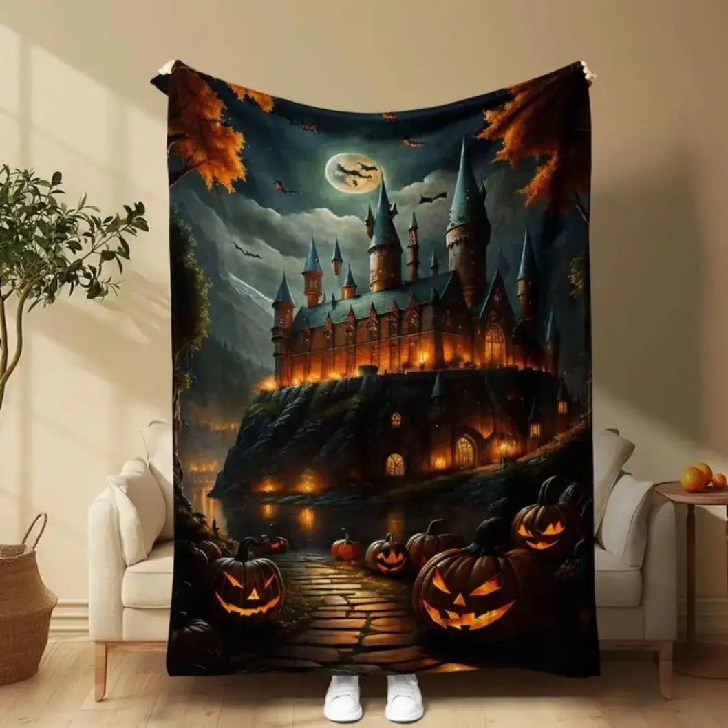 Hogwarts Castle Pattern Flannel Blanket, Soft Throw Blanket, Halloween Bedroom Bedding Decor, Warm Napping Blanket for Home Office Travel, Christmas Gift for Harry Potter Fans Adults Kids, Cozy Blanket, Throw Blankets, Bedding