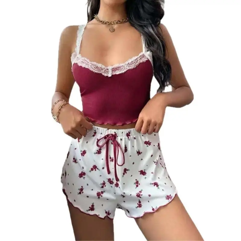 Women's 2-Piece Cute Sleeveless Lace Cami Pajama Set with Shorts, Breathable Care Soft Stretch Camisole Neck Loungewear Clothes for Home & Sleep, Romantic Trim