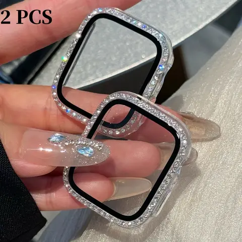2pcs/set, Smartwatch Accessories, Rhinestone Decor Watch Case For Men Women 2 In 1 Ultra-Thin Tempered Glass Screen Protector & Case, For Apple Watch Case 38/40/41/42/44/45/46/49Mm Series Ultra/SE/9-1