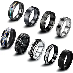 9Pcs Stainless Steel Band Rings for Men Women Cool Fidget Spinning Chain Ring Anxiety Relief Fashion Simple Wedding Engagement Black Ring Setfidget toys