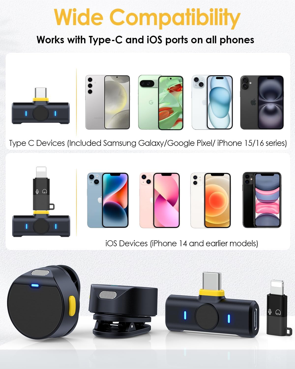 Wireless Lavalier Microphone for iPhone/Android, Mini Microphone with Noise Cancellation, Magnetic Backclip, 2 Pack USB-C Mini Mic for Video Recording, Content Creators, Vlogging, Youtubers