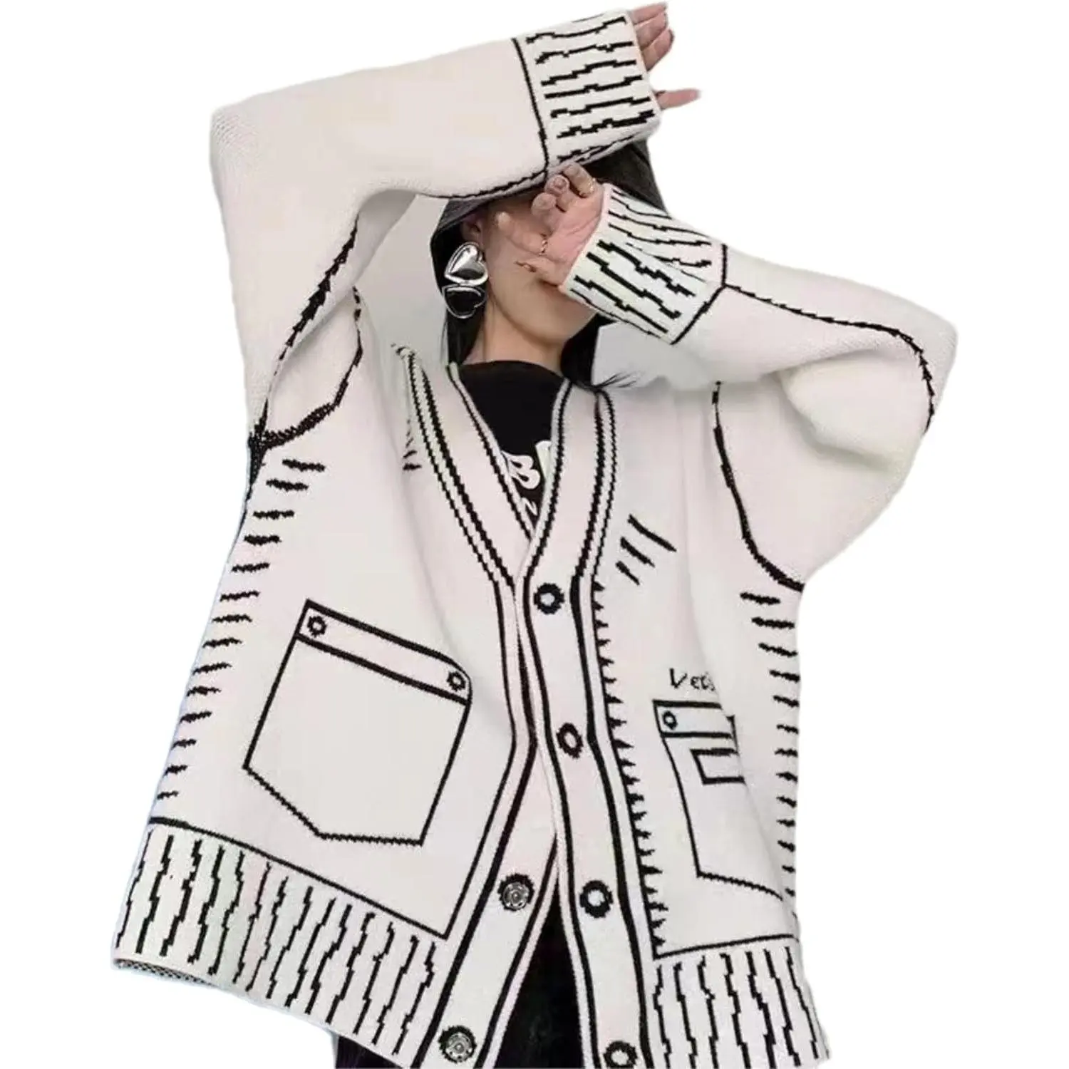 Women's Graffiti Print Y2K Cardigan Sweater with Fake Pocket, Long Sleeve Button-Up Open Front Knit Coat(Gift)