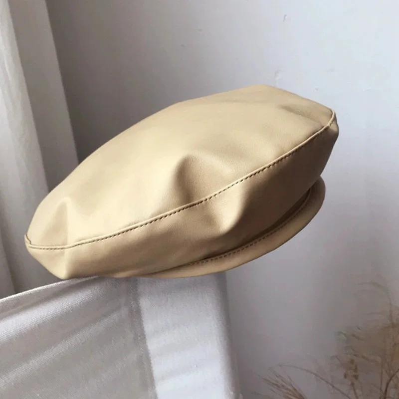 Fashion Autumn Winter Beret Beanie Hat Women Plain Beret Hats Solid Color Elegant Men Women Artist Caps PU Leather Painters Caps