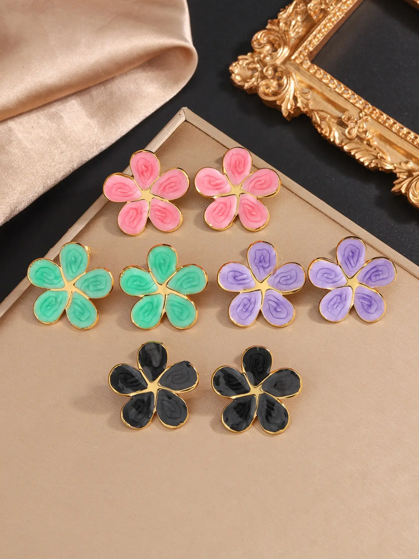 Elegant Flower Drop Earrings, Light Luxury Vintage Style, Colorful Petal Gold Trim Design, Perfect for Daily Commute and Versatile Wear