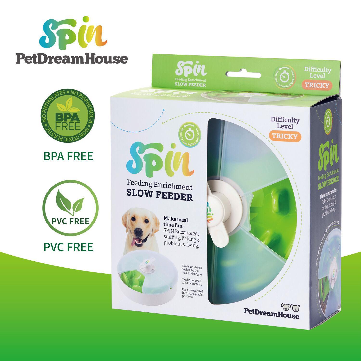 PetDreamHouse SPIN Mental Enrichment Dog Bowl - Green Tricky Level, Puzzle Design Interactive Food Dispensing Toy for Mental Stimulation