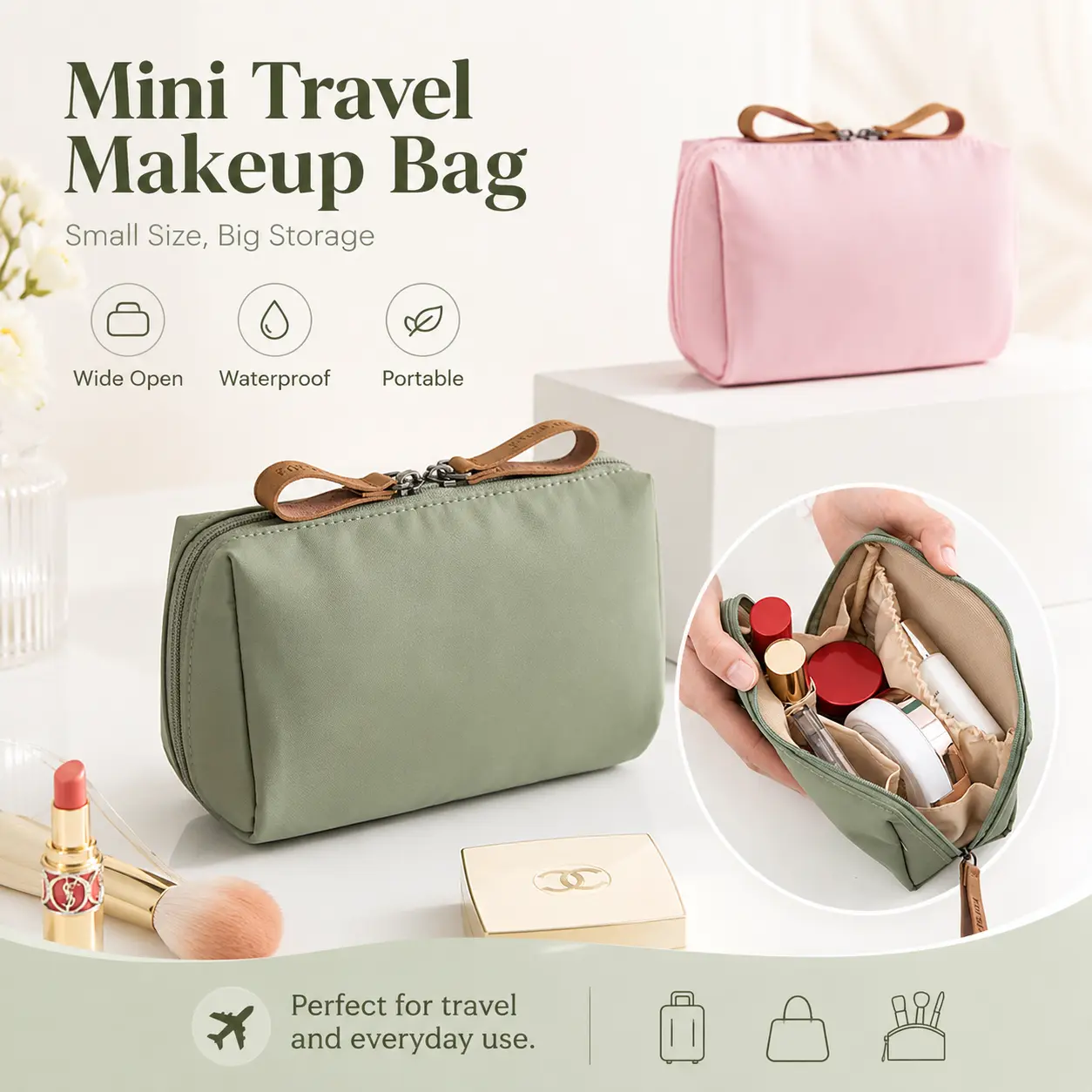 Elegant Mini Portable Makeup Bag. Waterproof fabric storage pouch holds skincare essentials for outdoor travel. Compact lightweight cosmetic organizer, stylish daily carry toiletry bag.