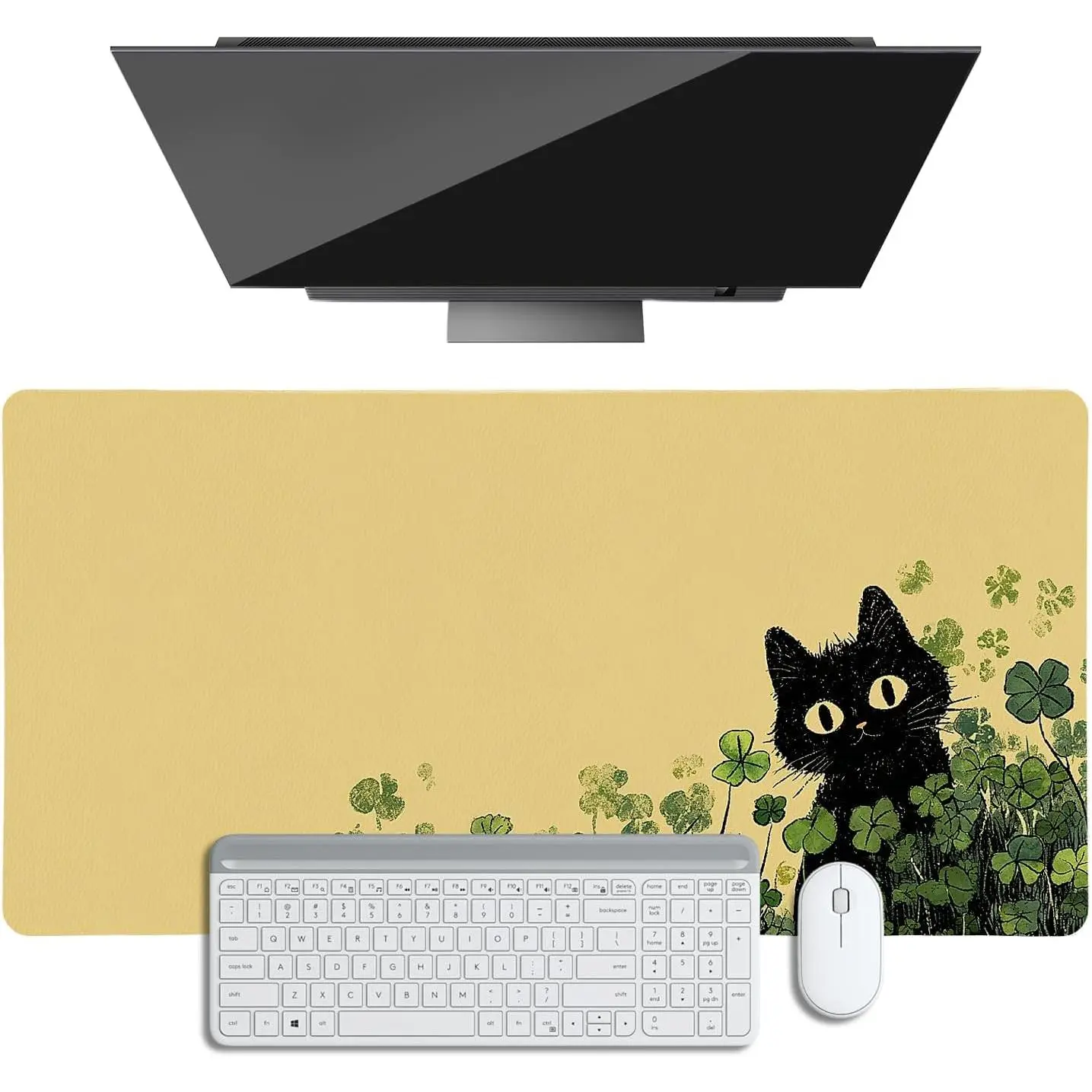 St Patrick's Day Desk Mat Black Cat Clover Large Mouse Pad |    Waterproof Desk Mouse Pad Mousepad with Non-Slip Base  Keyboard Mat for Gaming Office