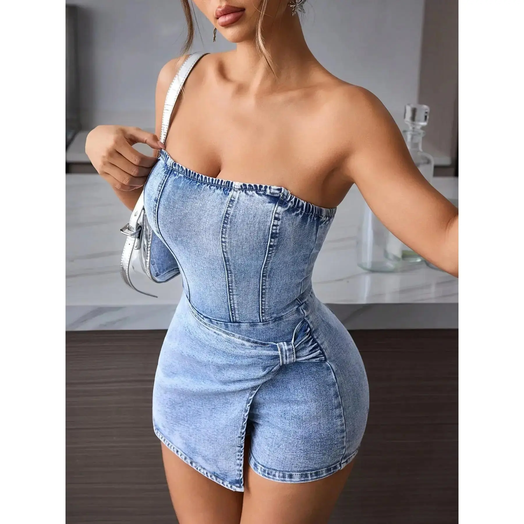 Sweet Cool Girl Vintage Wash Halter Denim Jumpsuit, Womenswear, Fashion, High Waist, Petite Exclusive Short Dress, Summer Tight Fit, Fitted, Sexy Style, Solid, Perfect for Dates.