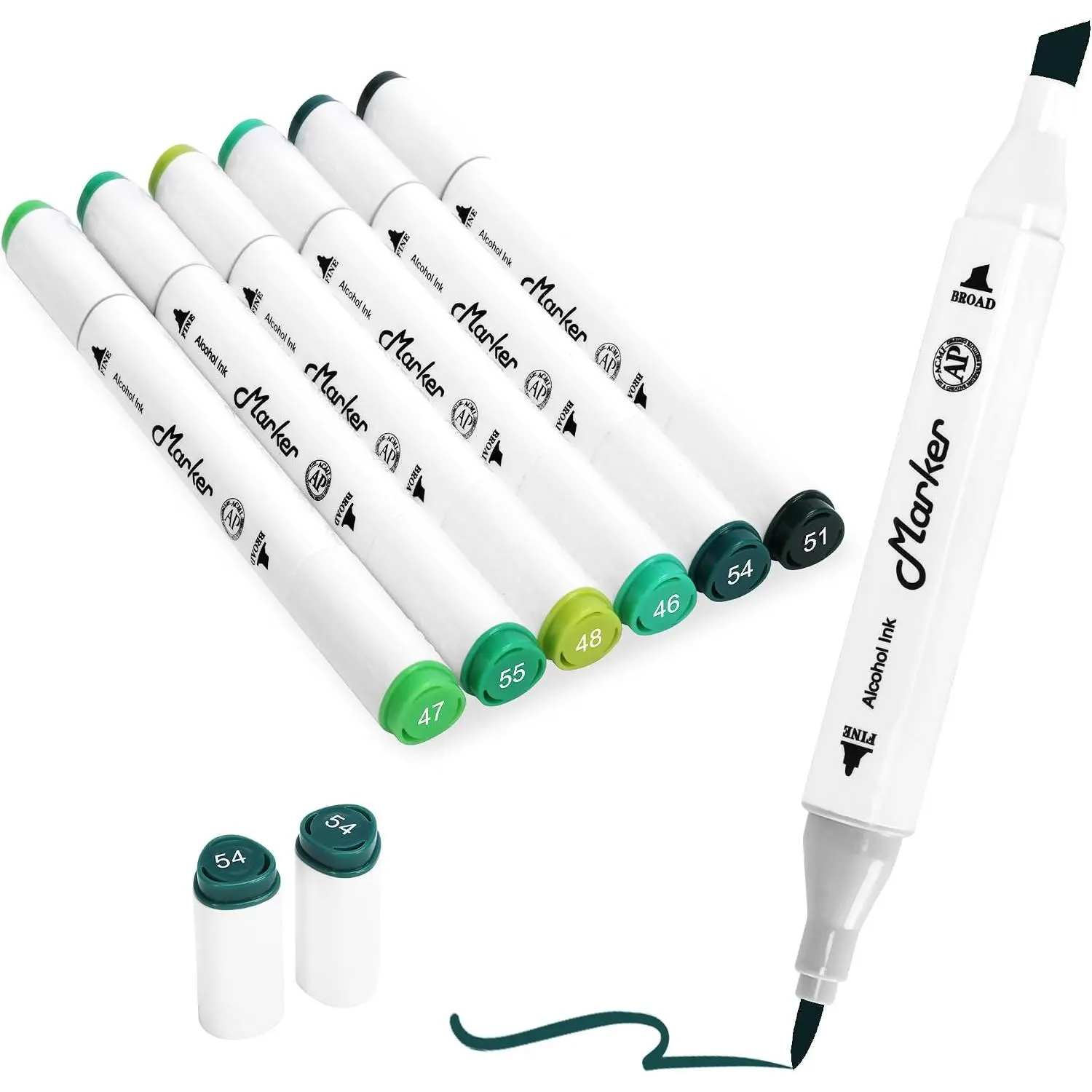 Green  Markers, 6 Pack  Tips Soft Brush&Broad Permanent Markers
