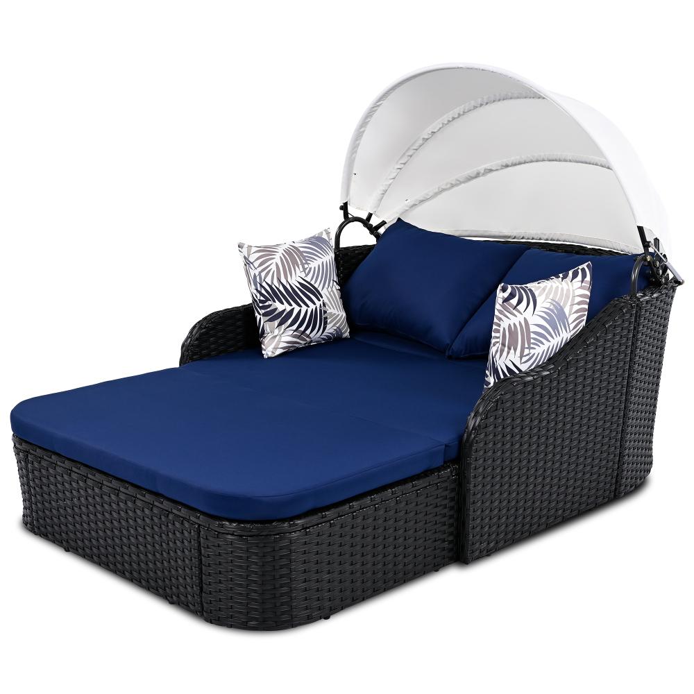 79.9" Outdoor Sunbed with Adjustable Canopy, Double lounge, PE Rattan Daybed, Black Wicker and Blue Cushion