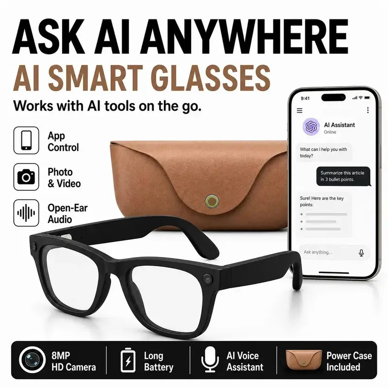 AI Smart Camera Glasses,  with 8mp HD Camera, 1080P Video, Enc Noise Cancellation, 96h Battery, Open-Ear Audio, Real-Time Translation, Voice Assistant, Leather Charging Case for Travel Daily Use, Wearable Tech Glasses