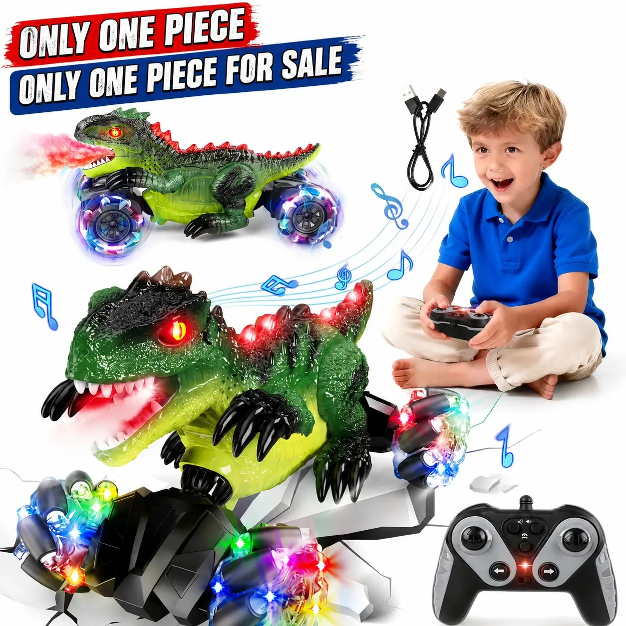 RC Dinosaur Car with 360° Stunts and LED Lights, 2.4g Remote Control, All-Terrain Wheels, Spray Feature, Loud Sound, Ages 3+, RC Cars