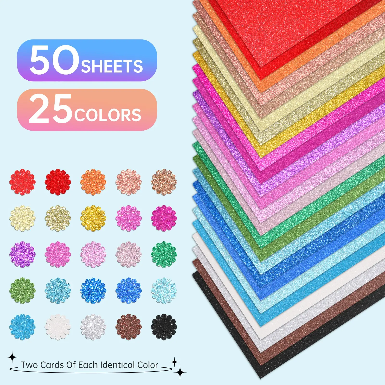 50 Sheets Glitter Cardstock Paper, 25 Colors A5 Size, Sparkly Craft Paper, No-Shed Finish, Ideal for Card Making, Scrapbooking, DIY Decorations