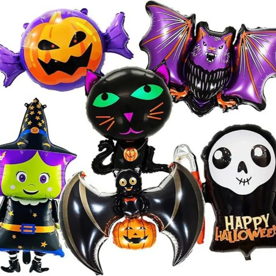 6-Piece Halloween Balloon Set, Pumpkin Bat Witch Skull Cat Foil Balloons, Horror Theme Party Decorations, Easter Celebration Props