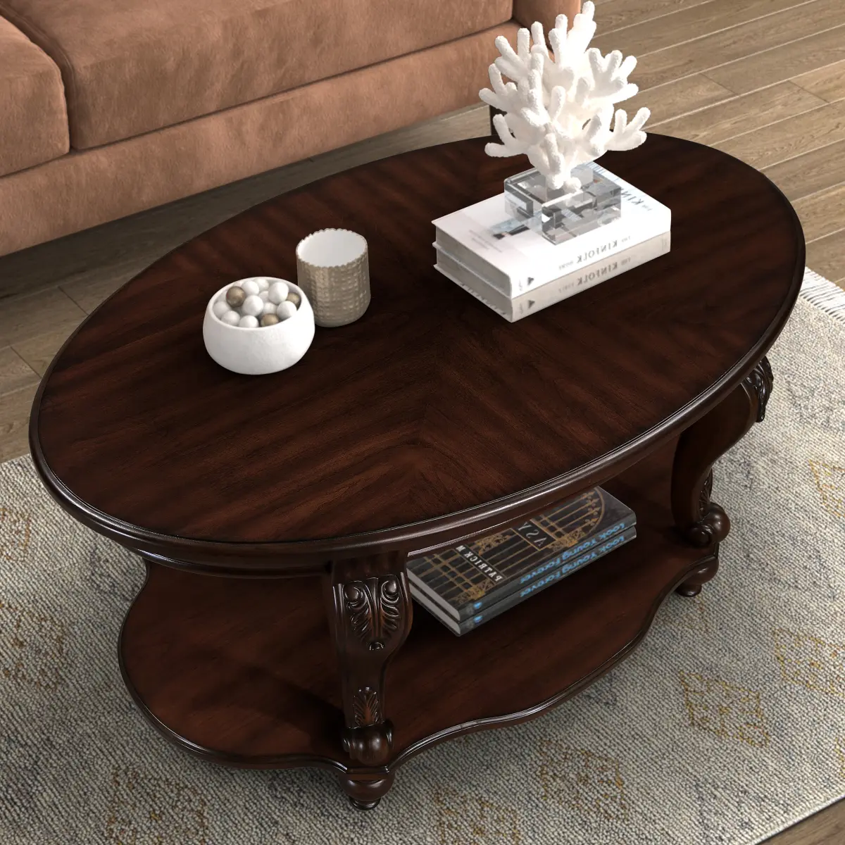42'' Oval Solid Wood Coffee Table with Floral Carving, Antique Look, 2-Tier Open Storage Shelf, Heat Resistant, Easy Setup, Cherry Finish for Living Room