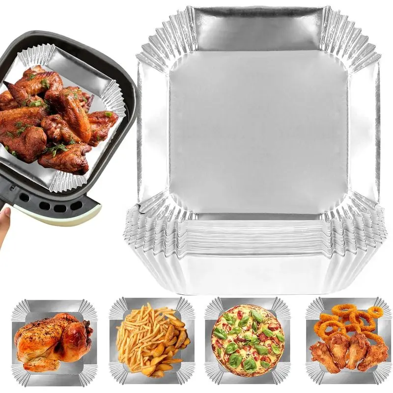 100PCS Air Fryer Liners, 6.3 Inch Square Aluminum Foil Nonstick Disposable Sheets for Air Fryer, Baking, Frying, Grilling & Cooking