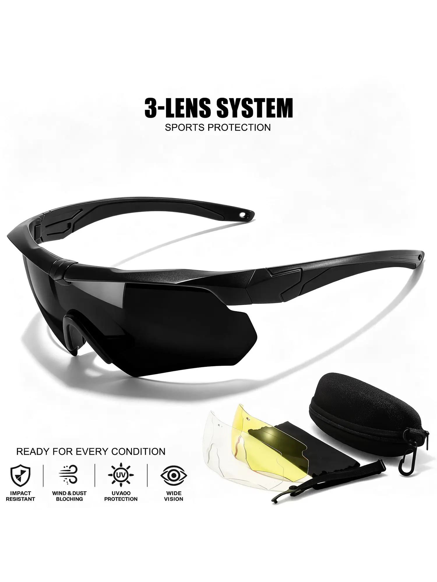3-Piece Interchangeable Lens Sports Sunglasses, Full Gift Box, 2.0mm Anti-Shock Uv400 Lenses, Ideal for Cycling, Running, Driving, Fishing