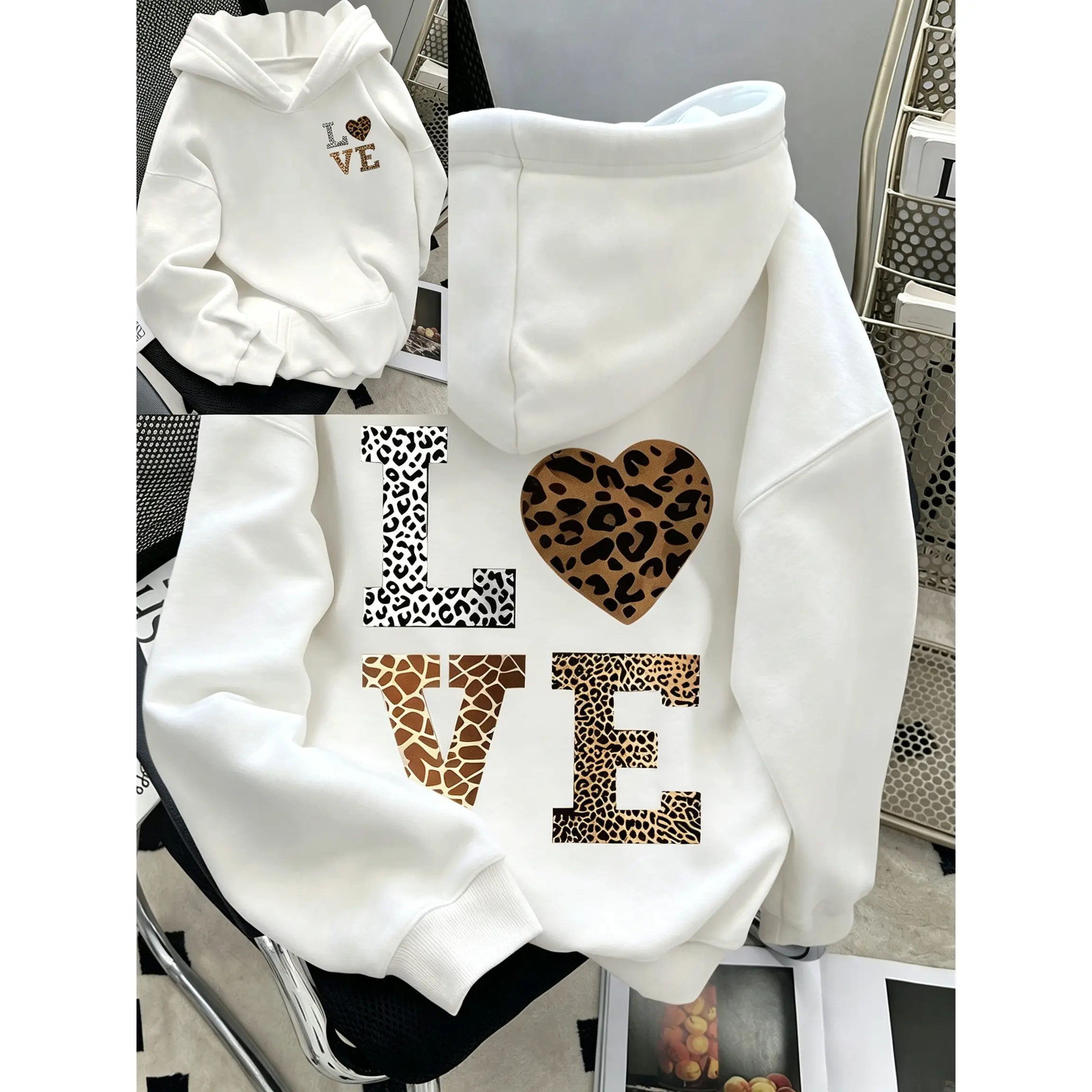 Leopard Print And Giraffe Print Mixed LOVE Letters And Heart Pattern All-Over Print, Fashion Women'S Casual Hoodie, Kangaroo Pocket Shoulder Design,vintage graphic