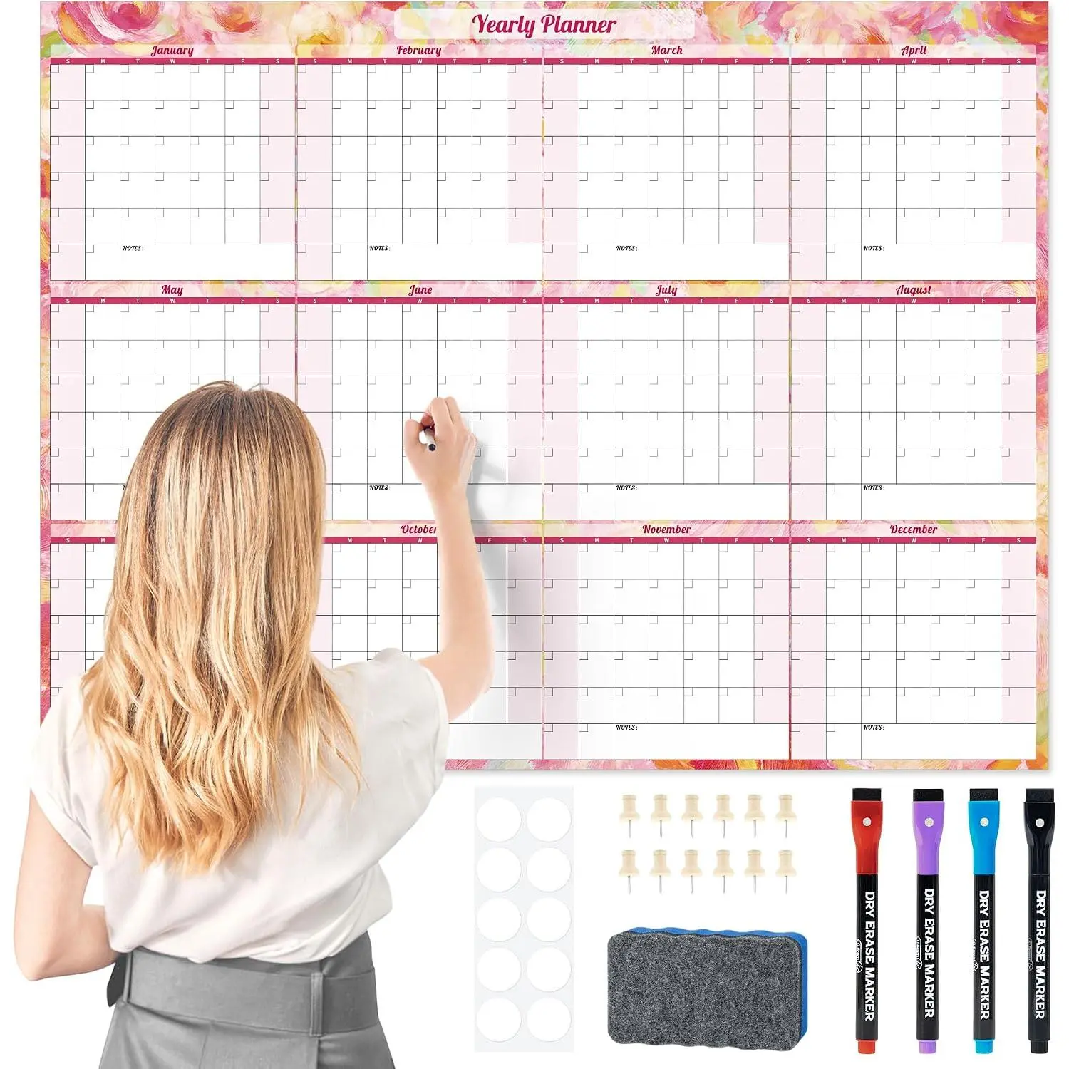Undated Wall Calendar Dry Erase 12 Month, Large Laminated 2026 Calendar 36.6'' x 48'' Yearly Monthly Family Office Calendar