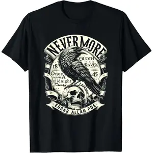 Men's Short-Sleeve Gothic Graphic Sports T-Shirt - Edgar Allan Poe The Raven Nevermore, Classic Soft Cotton Blend, Loose Breathable Menswear Loungewear for Book Lovers (Day Wear)
