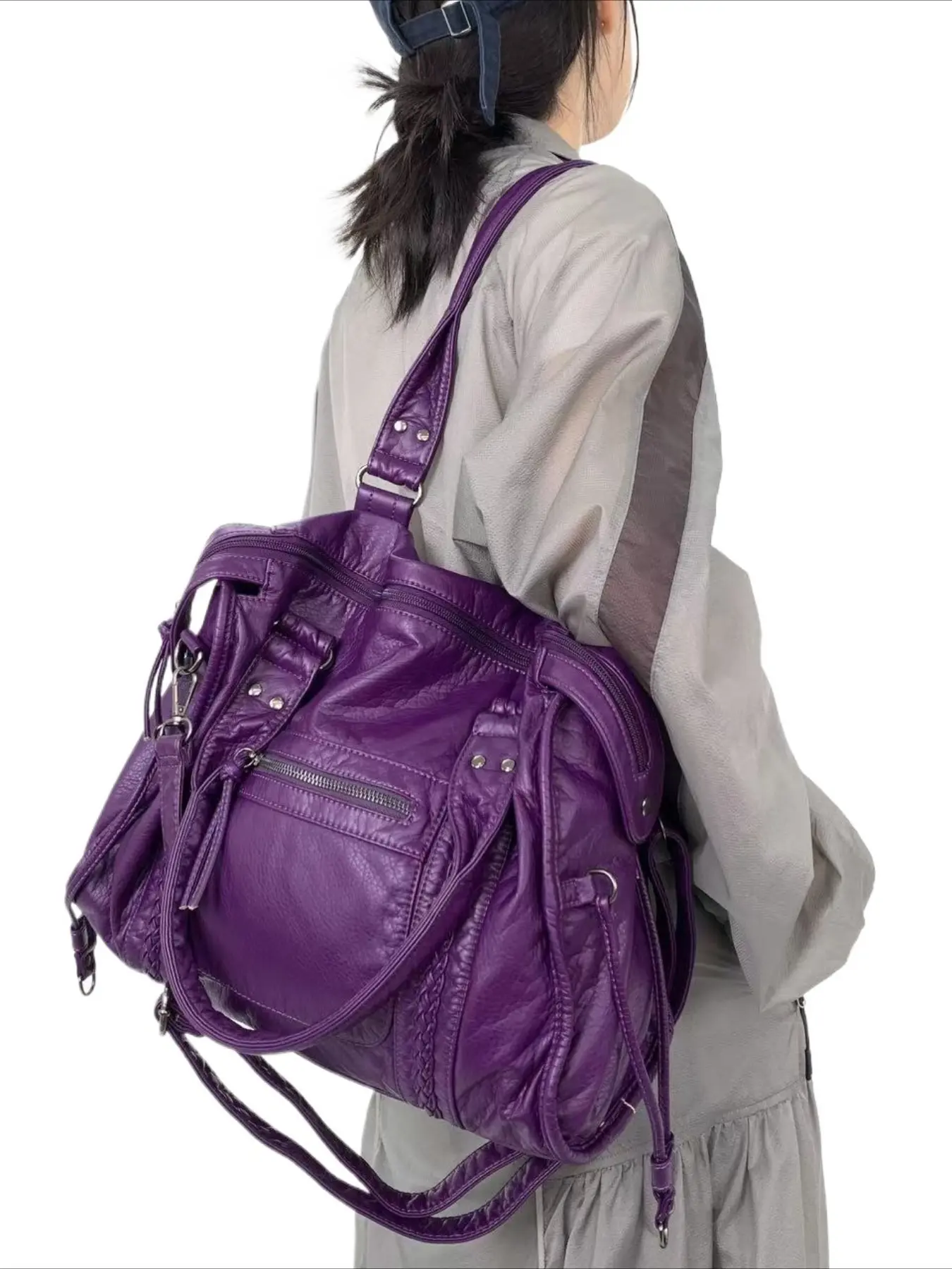 Ladies' fashionable retro Y2K spicy girl handbag, large capacity, multiple pockets, punk diagonal cross bag, washed and vegan bag, Trendy Crossbody Bag, suitable for vacation, shopping, work, holiday gifts