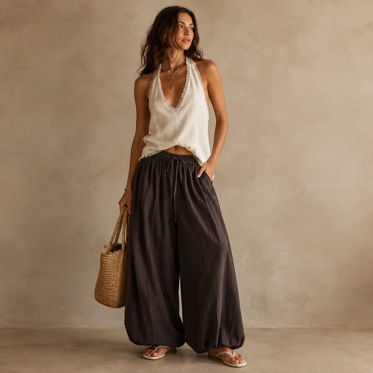 Women’s Baggy Parachute Pants High Waist Drawstring Wide Leg Trousers Relaxed Balloon Hem Pants with Pockets Casual Streetwear and Vacation Bottoms