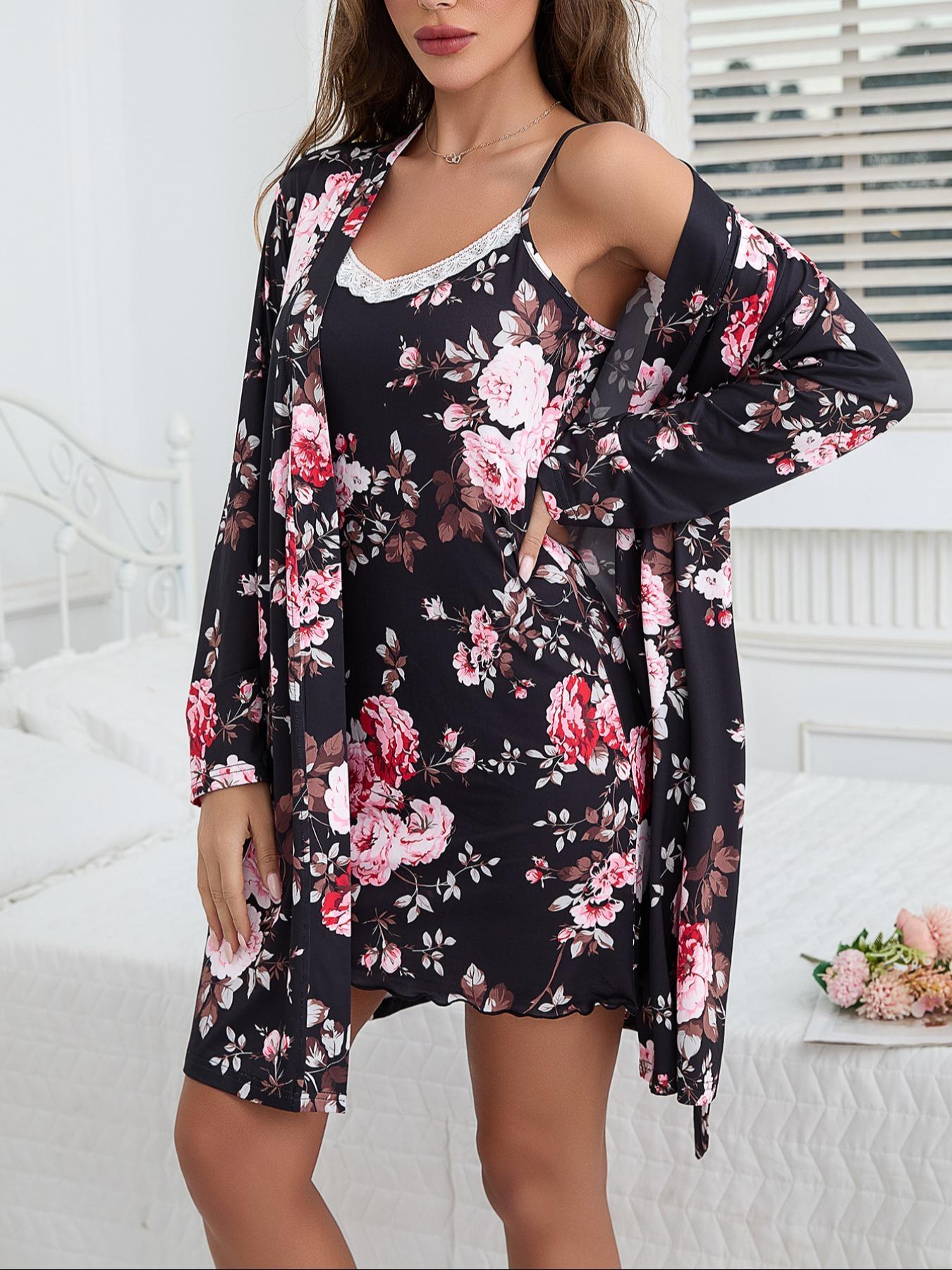 Women's Floral Print Belted  Robe & Cami Nightdress Two-piece Set, Casual Comfy Loungewear Set for Women, Ladies Sleepwear for All Seasons