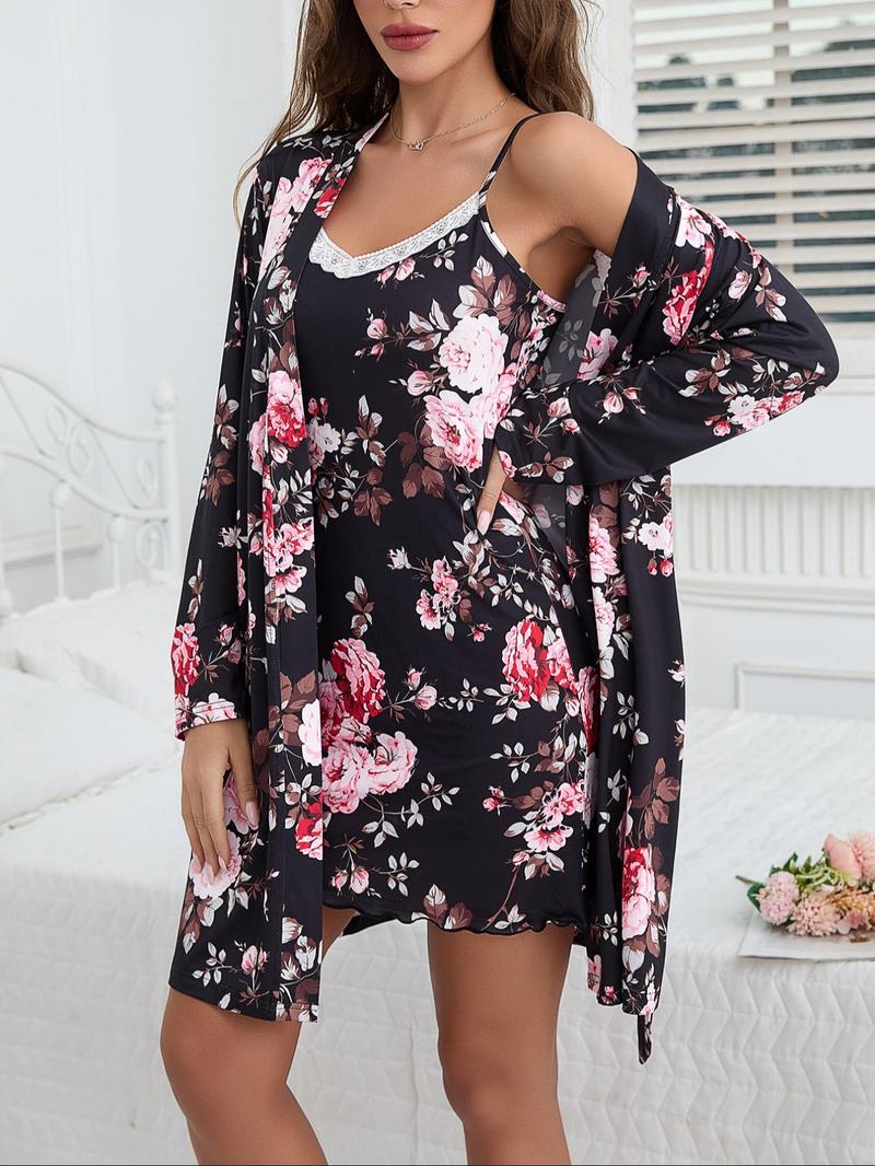 Women's Floral Print Belted  Robe & Cami Nightdress Two-piece Set, Casual Comfy Loungewear Set for Women, Ladies Sleepwear for All Seasons