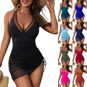 New women's one-piece swimsuit, skirt-style, fashionable, tight-fitting, sexy, hollow-out, plus size, one-piece design