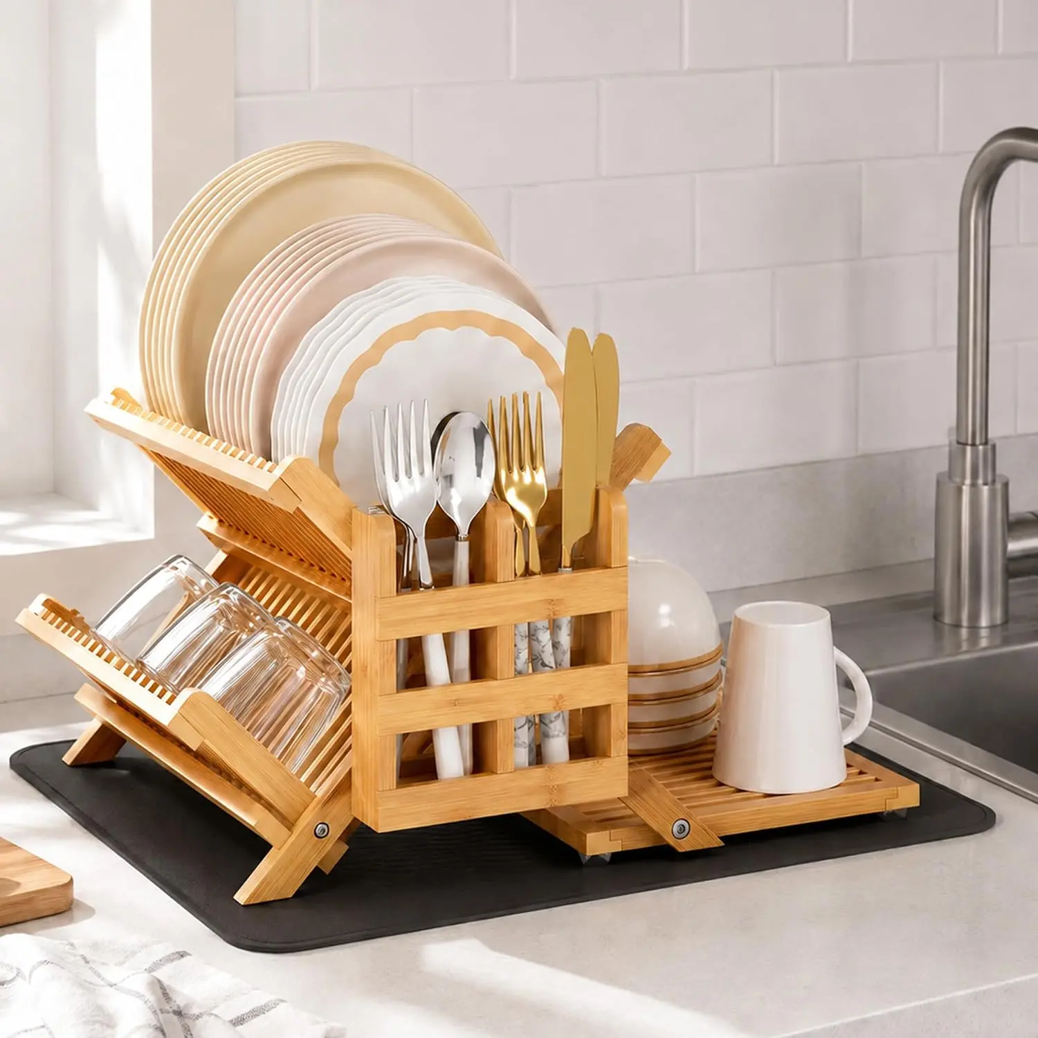 Dish Drying Rack with Utensil Holder, 3 Tier Collapsible Dish Rack, Wooden Dish Racks for Kitchen Counter, Large Folding Drying Holder with Absorbent Dish Drying Mat