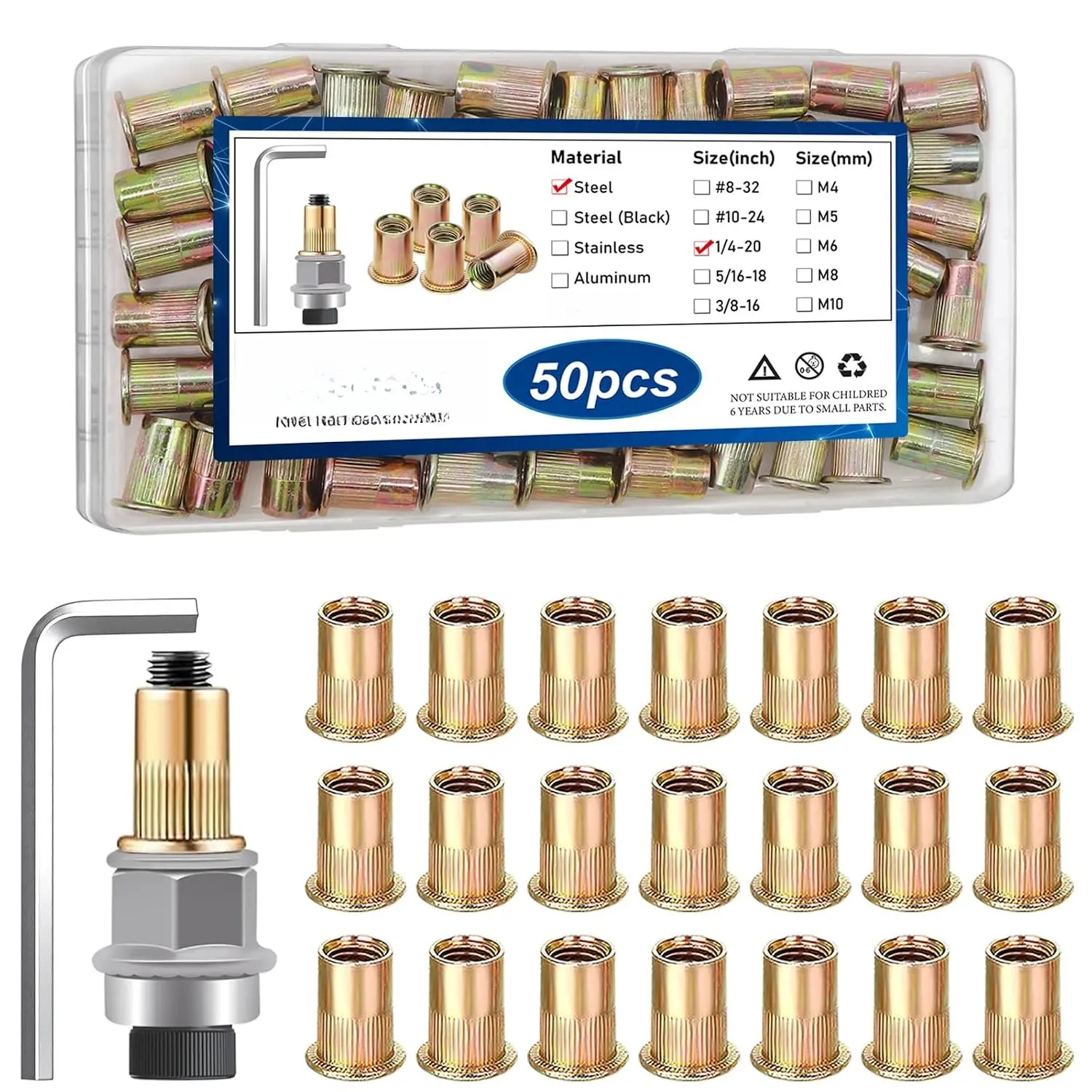 50 count 1/4-20 Rivet Nuts with Hand Rivet Nut Tool, Carbon Steel Flat  Threaded Insert Nut Kit for Furniture, Automotive, Marine and Decoration