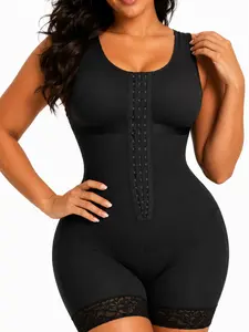 1 Count Women's 3-Row Hook High Compression Shapewear, Colombian Shapewear, Fajas, Open Crotch Jumpsuit, Reflective Stripe Under Bust Bodysuit, Front U Chest Coverage Shapewear Bodysuit, Anti-Slip Lace Trimmed Body Shaperwear, Suitable For Office Wear