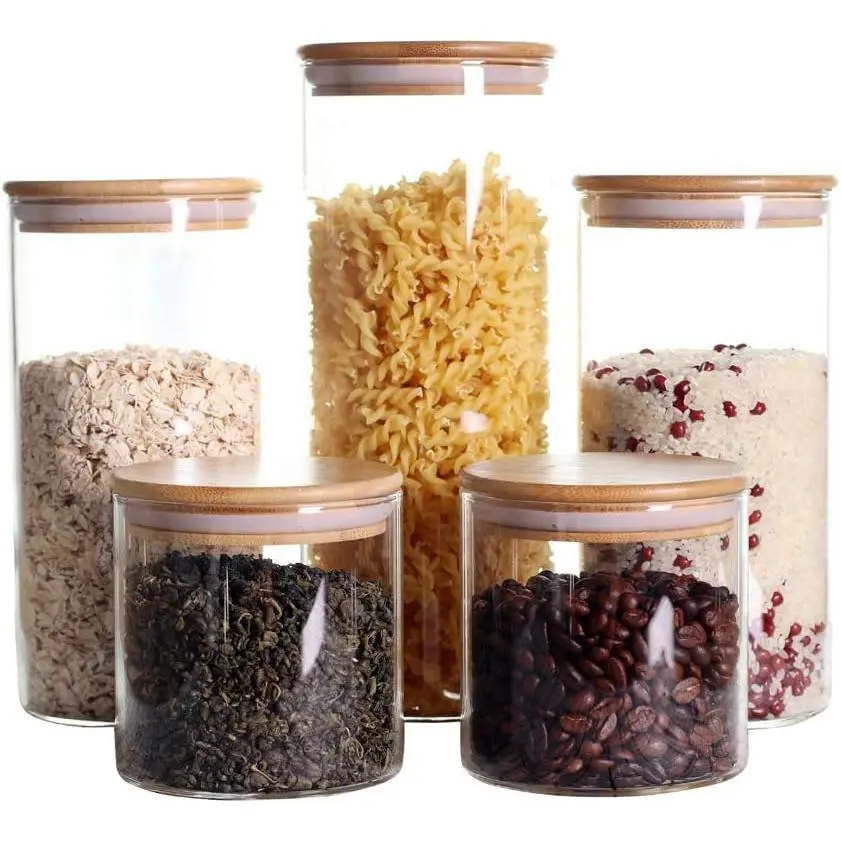 LEAVES AND TREES Y Stackable Kitchen Canisters Set, Pack of 5 Clear Glass Food Storage Jars Containers with Airtight Bamboo Lid for Candy, Cookie, Rice, Sugar, Flour, Pasta, Nuts