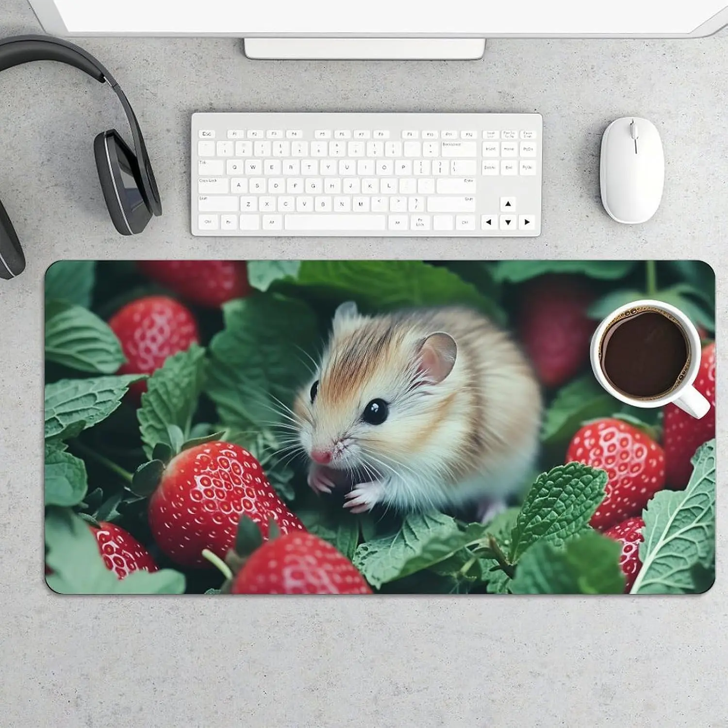 Hamster Strawberry Mint 12x24 Inch Extended Gaming Mouse Pad, Non-Slip Rubber Desk Mat for Keyboard & Mouse, Waterproof Large Computer Pad with Smooth Surface, Sleek Unstitched Edges