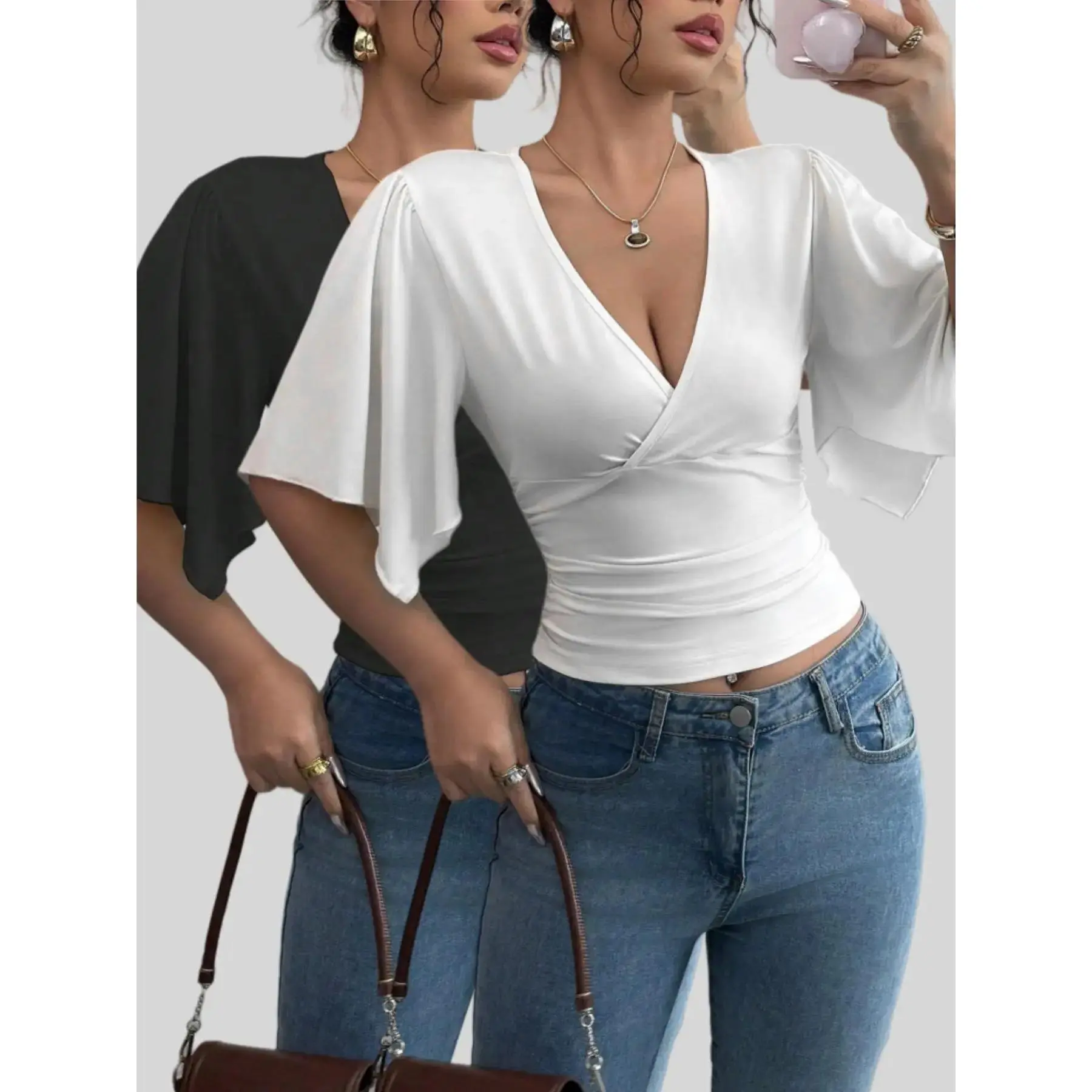 Women's Solid Color V Neck Tee, Casual Minimalist Fashion Short Sleeve T-shirt for Daily Wear, Ladies Clothes for All Seasons, Top, Summer