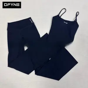 DFYNE Seamless 2-Piece Workout Set for Women |   Longline Cami Crop Tank Top with Built-in Bra & High Waisted Flare Leggings |   Yoga Gym Matching Outfit