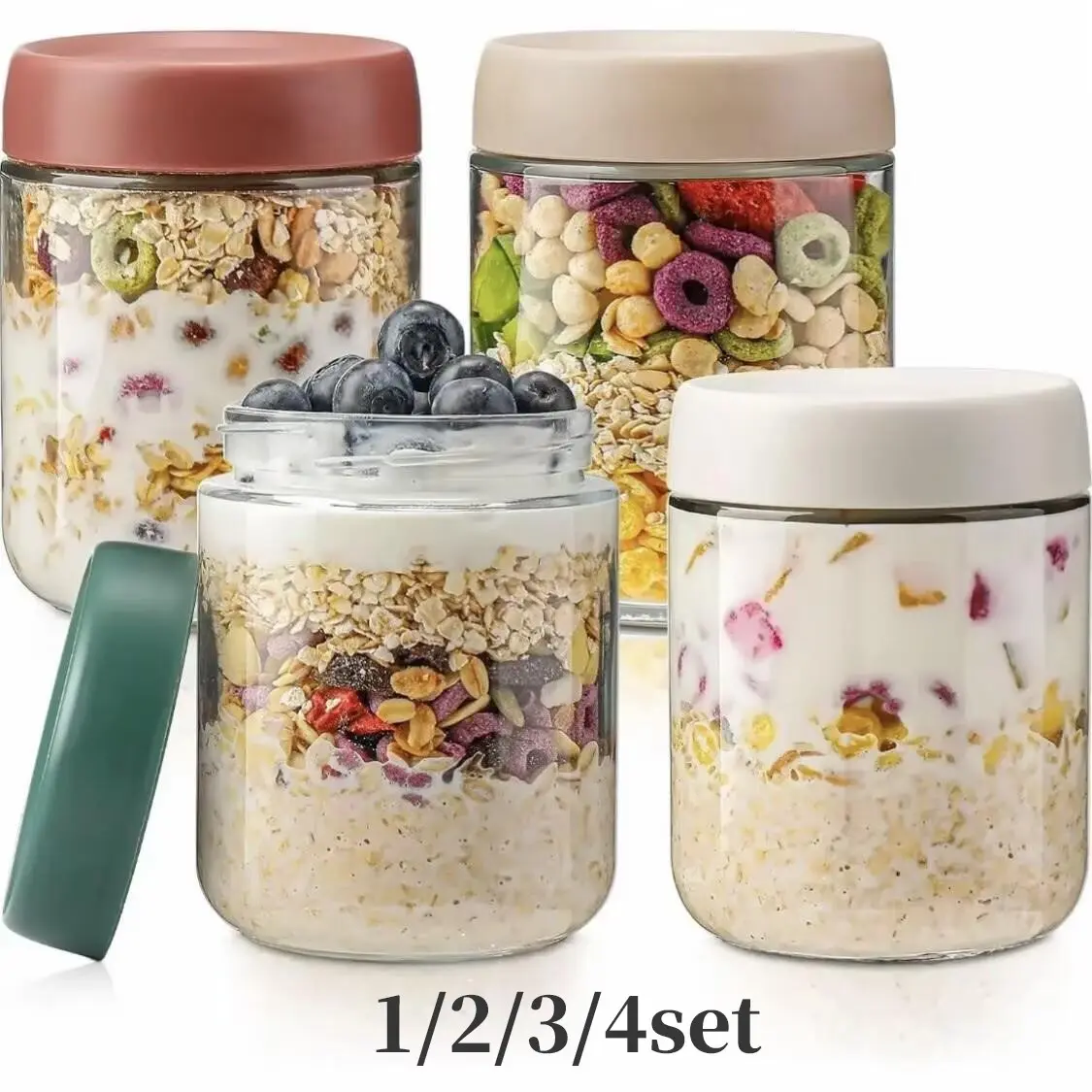 16 Oz Glass Mason Jar Overnight Oats Containers, Food Grade Lead Free BPA Free Airtight Leak Proof Reusable Meal Prep Storage Jars, Dishwasher Safe for Yogurt Pudding Salad Grain Snack Breakfast Home Kitchen Daily Use, Airtight Container Set