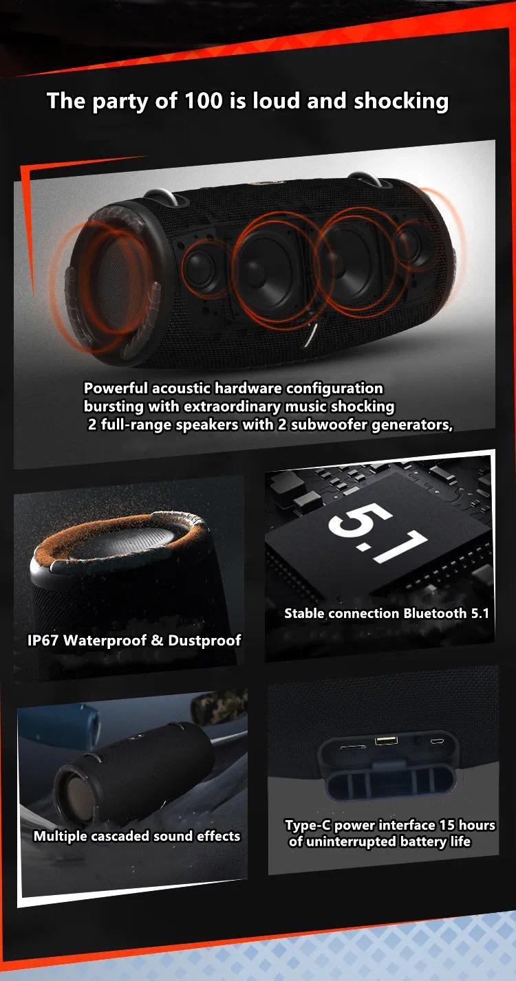 100W high power bluetooth speaker portable RGB colorful light waterproof wireless subwoofer 360 stereo surround TWS FM boombox  clarity and bass speakers