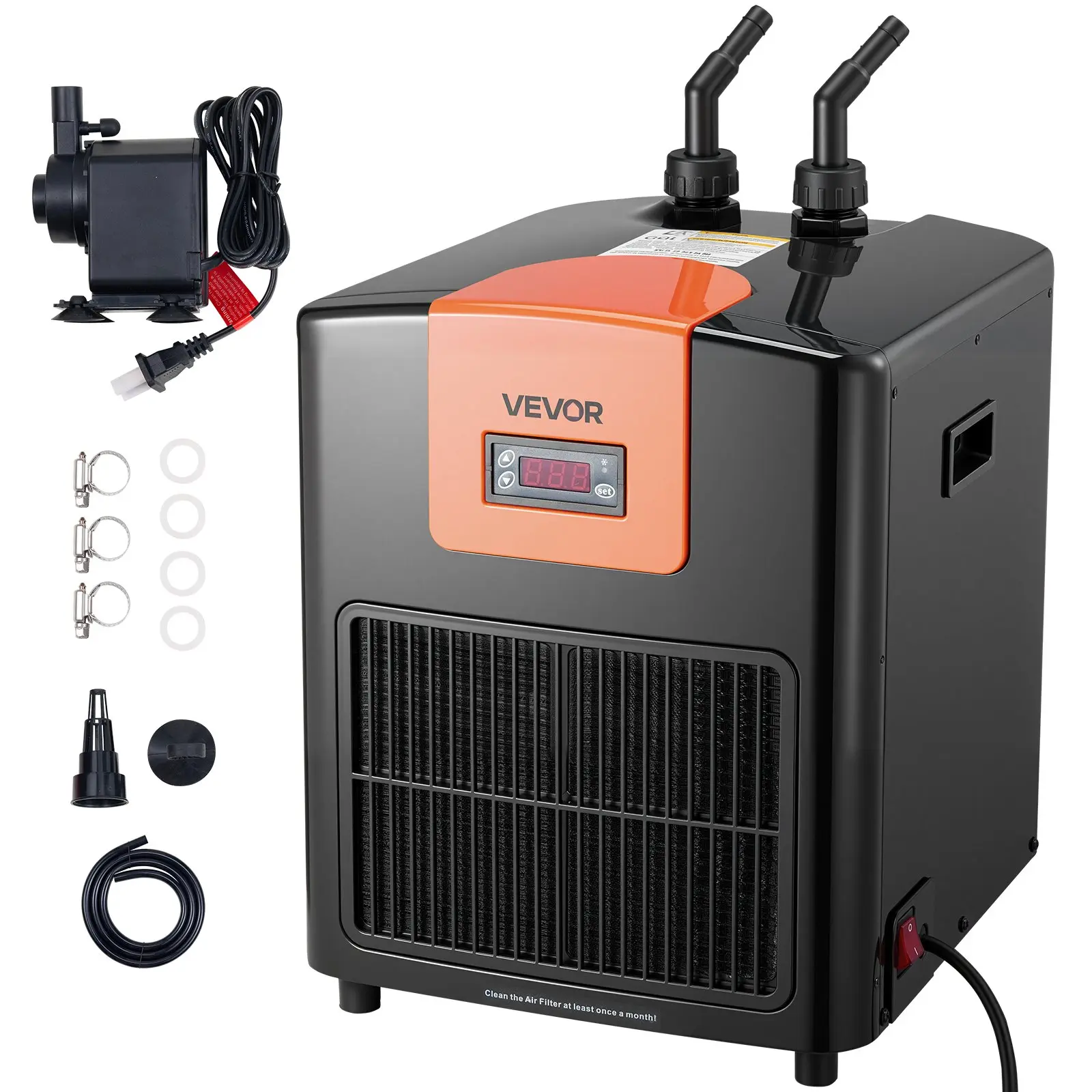 VEVOR Aquarium Chiller 110 Gallon, 1/3 HP Water Chiller for Hydroponics, Fast Cooling for Fish Tank, Axolotl, Coral Reef, Quiet Refrigeration Compressor, Titanium Evaporator, Complete Fittings