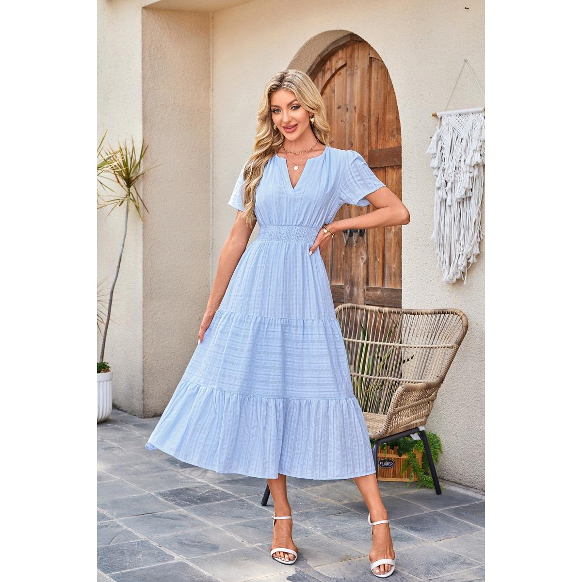 Womens Summer 2026 Casual Midi Maxi Dresses Lightweight Short Sleeve V Neck Elastic Waist Boho Beach Dress Pockets