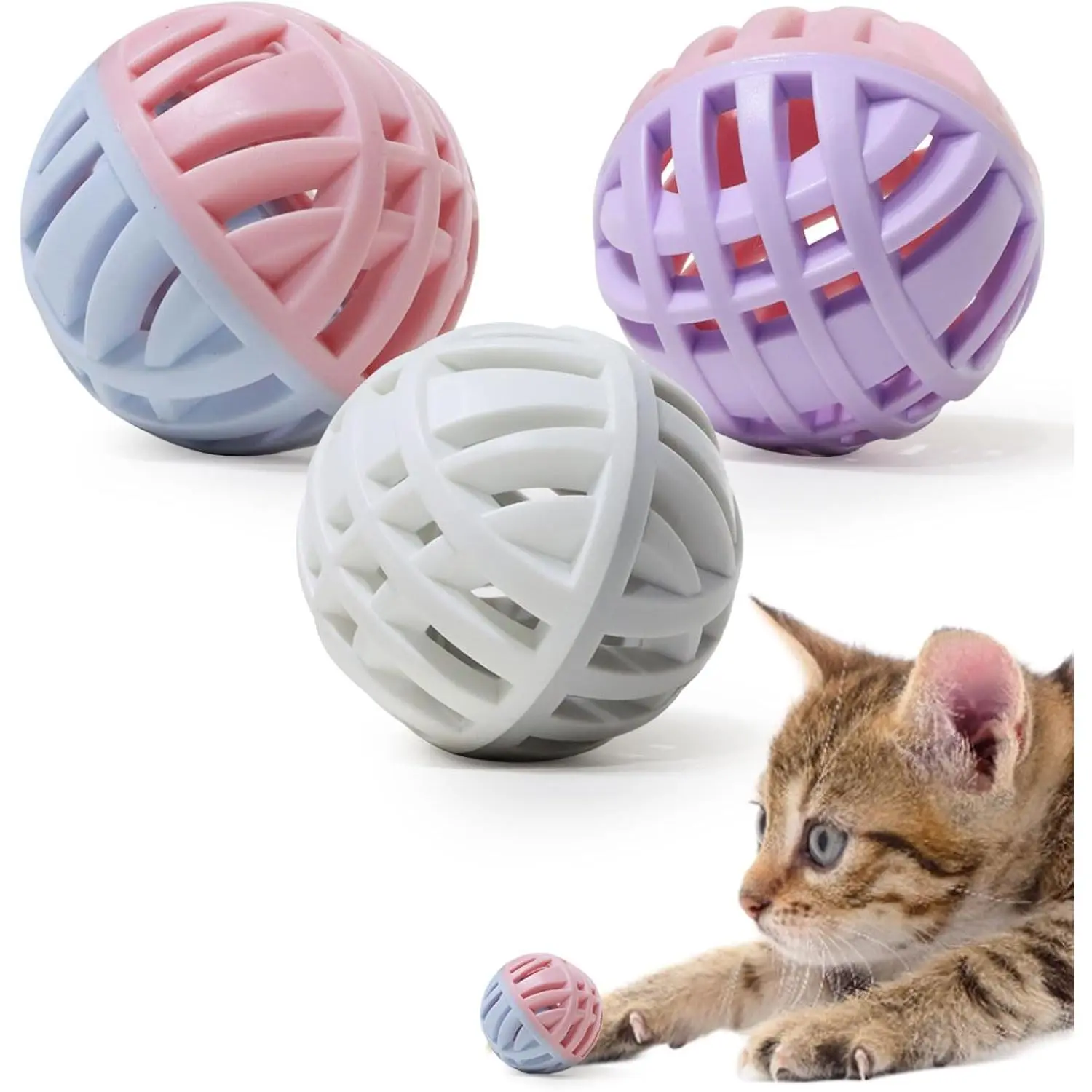 Balls with  Inside, Rubber, 2 inches, 3 count | Soft TPR, Interactive, Colorful Hollow  Grinding,  Proof, for Puppy Dogs and Kittens, Durable and Shatter-resistant
