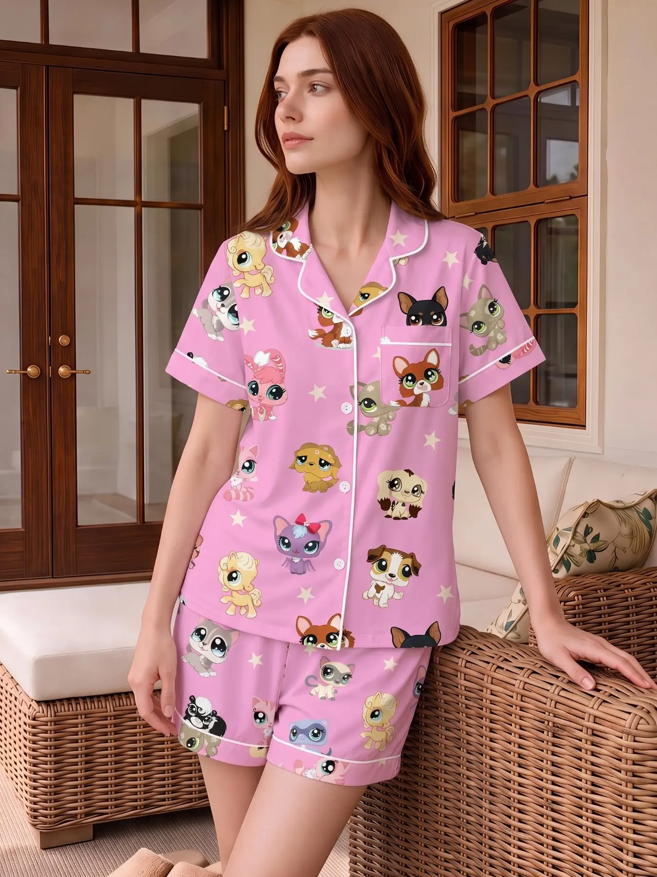 Women's Pajama Set 2 Piece, Lapel Short Sleeve Cardigan, Elastic Waist Shorts, Cute Pet Print, Casual Fashion Sleepwear, Soft Comfortable