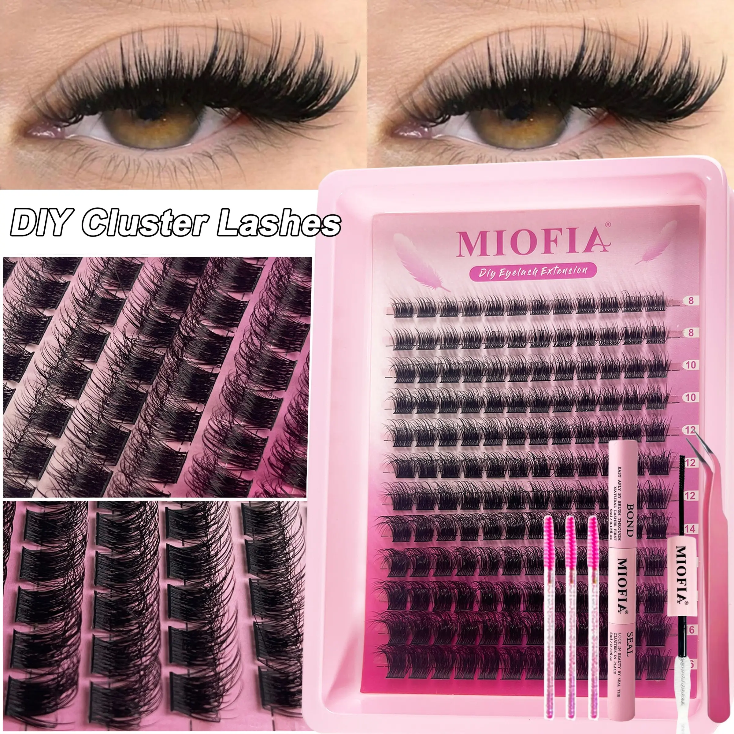 Miofia 144 Piece Eyelash Kit, Diy Volume Eyelashes, Eyelash Extension Set, Includes Large Box Lashes, Dual-Head Glue, 3 Brushes, Tweezers, 0.07D Mixed Lengths