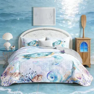 Sea Turtle Quilted Set Mermaid Scale Coral Pattern Bed Set for Toddler Kids Girls Beach Themed Room Decor King Quilt Bedding Sets with 2 Pillowcases
